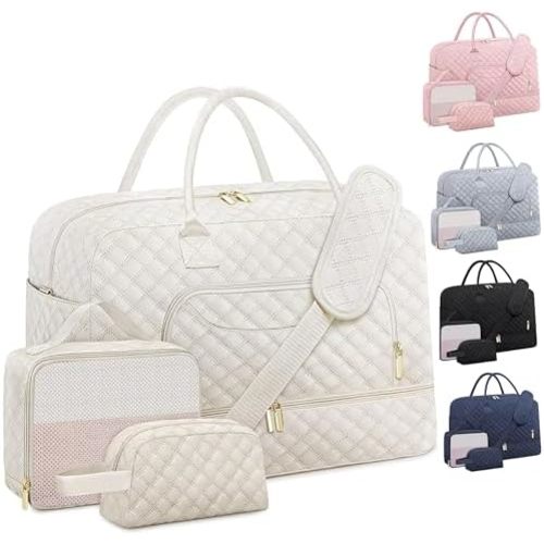 Extra Large Travel Duffel Bag, Weekender Bags for Women with Shoe Compartment, Personal Item Travel Bag with Wet Pocket for Carry On Overnight, Gym, Airplanes and Hospital Bag Beige