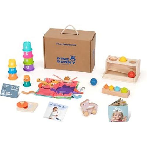 Pine Bunny Montessori Wooden 11-in-1 Toy Set for 10+ Months, Cylinder Block, Push Ball Box, Mirror Puzzle, Stacking Cups Rabbit Rattle Soft Book Educational Learning Color Recognition Fine Motor Toys