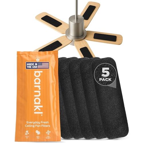 Barnakl Ceiling Fan Air Purifier Pads, Activated Coconut Shell Carbon Fan Filters Trap Dust, Odors & Allergens, Easy-Stick Universal Fit for Ceiling Fan Blades, Odorless & Unscented - (5 Count)
