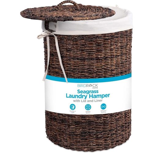 BIRDROCK HOME Seagrass Laundry Hamper with Lid & Liner - Handwoven Round Basket with Handles for Laundry/Dirty Clothes - Organizer, Storage, Shelves, Bin in Bathroom, Bedroom & Laundry Room - Espresso
