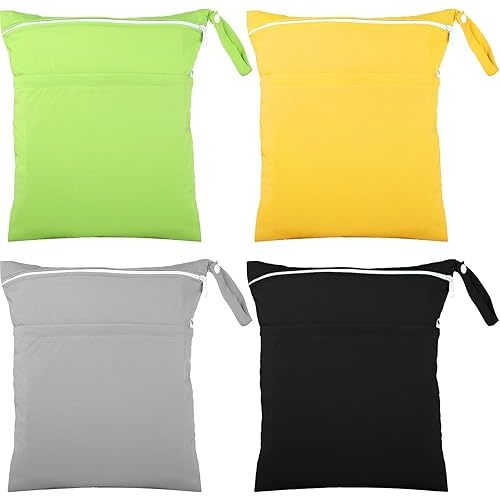 4 Pcs Wet Dry Bag for Baby Cloth Diapers Waterproof Wet Bag Washable Travel Bag Reusable Cloth Diaper Bag with 2 Pocket Toddler Swim Wet Bag for Travel Beach Pool (Gray, Green, Black, Yellow)