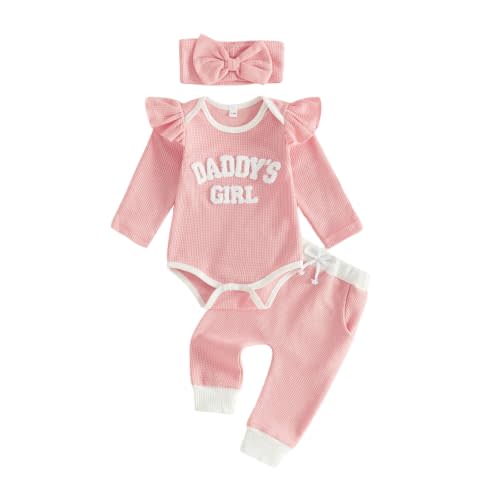Sejardin Infant Baby Girl Fall Clothes Waffle Newborn Daddys Girl Outfit | Letter Embroidery Print Long Sleeve Romper Pants Headband Newborn 3 6 12 18M Outfit
