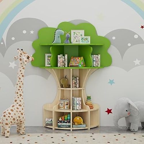 5-Tier Tree Kids Bookshelf, Toddler Montessori Shelf Book Rack, Toy and Book Storage for Kids, Wooden Children's Bookcase, Toy Storage Organizer for Preschool, Kid Room, Playroom, Nursery-002
