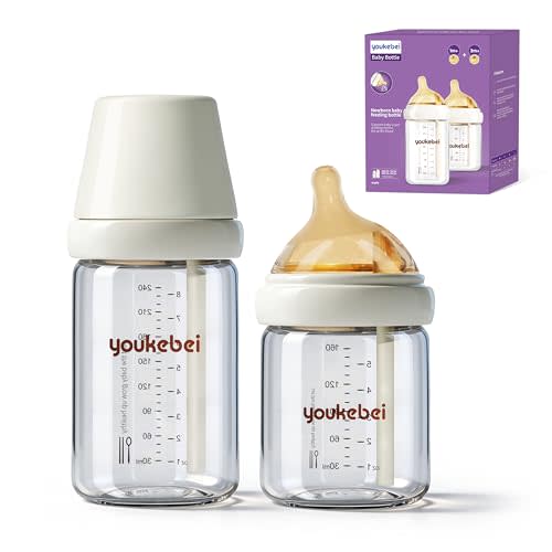 Natural Nursing Glass Baby Bottle - with Anti-Colic Vent System - BPA-Free, 5 oz and 8 oz with Slow Flow(S) & Medium Flow (M) Nipple, 3 Months+, 2 Pack