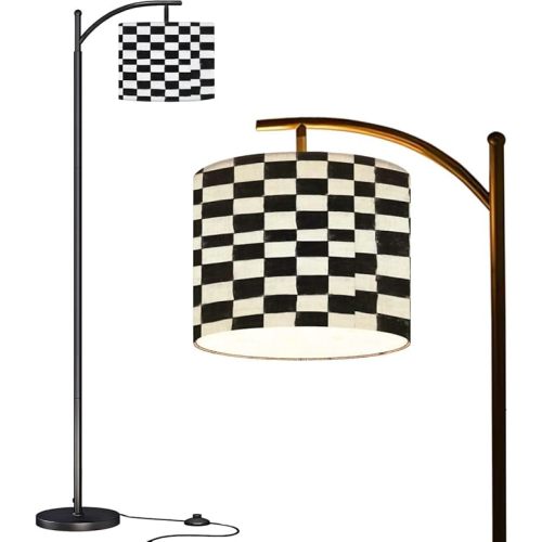 Arc Floor Lamp Black white checkered pattern black white squares graphic consist Tall Standing Lamp Modern Dimmable with Remote Adjustable Drum Shade Footswitch for Living Room Bedroom Office
