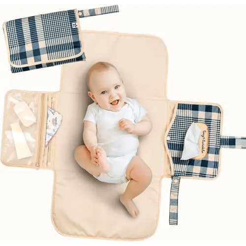 Tiny Twinkle Portable Diaper Changing Pad | Waterproof, Wipeable & Compact Baby Changing Pad for Travel | Smart Wipes Pocket & Organized Storage| Newborn Shower Gift (Gingham)