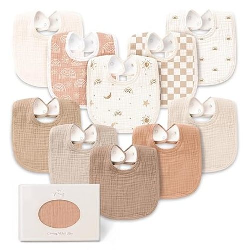 Konssy 10-Pack Muslin Baby Bibs, Soft Cotton Bandana Bibs for Drooling & Teething, Unisex Solid Colors for Boys & Girls, Newborn & Infant