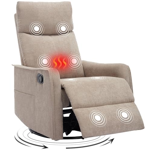 Trustyue Swivel Rocker Recliner Chair, 360° Swivel Recliner with Heat and Massage, Rocker Recliner Nursery Glider Chair with Side Pockets for Living Room (Khaki, Fabric)