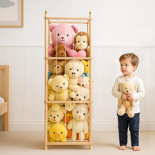 Stuffed Animal Storage,Wooden Stuffed Animal Holder with Elastic Band,Plushies Organizer for Nursery Play Room Bedroom (Natural)