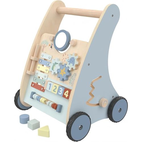 Wooden Baby Walker, Baby Push Walker Sit to Stand Walker,Educational Birthday Gift for Toddler Boy Girl Blue，Adjustable Push and Pull Learning Activity Center Walker Toy for Baby Learning to Walk