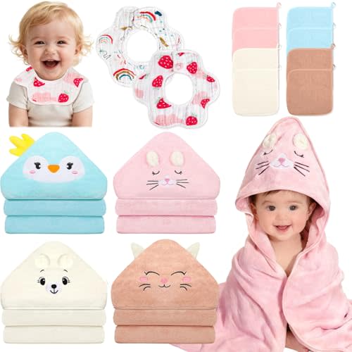 Sublaga 14 Pcs Baby Towels, Soft Baby Towel and Washcloths Set, 4 Pcs 32x32 in Hooded Bath Towel, 8 Pcs Baby Washcloths and 2 Pcs Cotton Baby Bibs for Newborns, Toddlers, and Kids for Boys and Girls