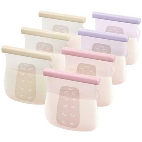 JellyRuru 7 PCS Reusable Breast Milk Storage Bags, 8.5oz 250ml Standard Silicone Breastmilk Freezer Storage Container, Leak-Proof & Self-Standing Milk Bags, Baby Food Bags