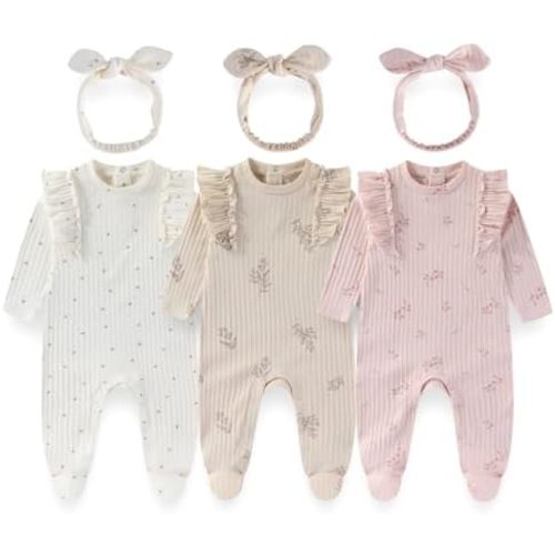 Baby Girls 3-Piece Cotton Floral Outfit Set with Headband Soft Infant Romper Newborn baby clothes