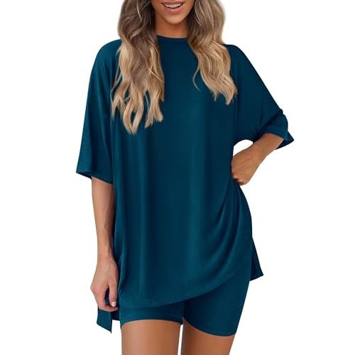 PRETTYGARDEN Women 2 Piece Lounge Set Airport Travel Outfit | Matching Summer Athleisure Sets, Short Sleeve Oversized Tshirts, Biker Shorts with Pockets, Casual Spring Cruise Clothes