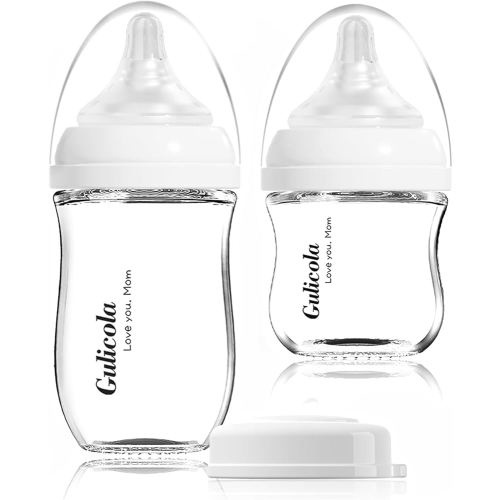 Gulicola Natural Glass Baby Bottle Newborn Set, 3 oz and 5 oz with Extra Slow Flow & Slow Flow Nipple, Anti Colic, 0-3 Months, 2 Pack - White