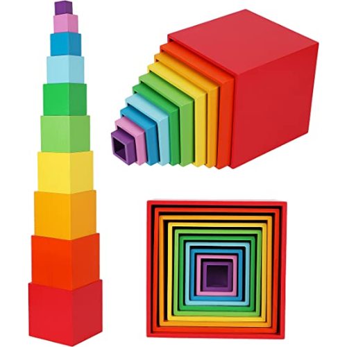 TOWO Wooden Stacking Boxes, Rainbow Nesting Sorting Cups for Toddlers | Rainbow wooden stacking cubes support color sorting, nesting and early learning; Montessori toy for toddlers age 2+