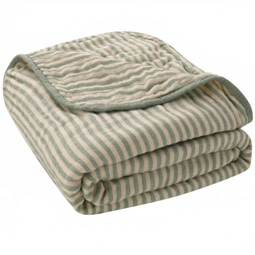 Ultra Soft Muslin Baby Blanket - Organic Cotton Blend (Sage Stripe) | 43x43 Inches, 6-Layer Jacquard Weave, Lightweight Swaddle Blanket, Crib Quilt, Gender Neutral Baby Gift, Curated Gift Box