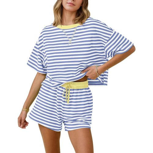 MISSACTIVER Womens Lounge 2 Piece Sets Summer Striped Matching Pajamas Set Short Sleeve Oversized T Shirts Drawstring Shorts