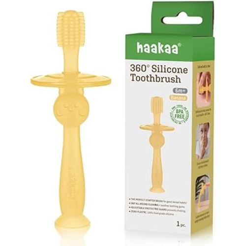 haakaa 360° Silicone Baby Toothbrush – 100% Soft Food Grade Silicone, BPA-Free, Suction Base, Safe for Babies 6 Months+, Gentle Gum and Teeth Cleaning for Infants, Gum Massager (Banana)