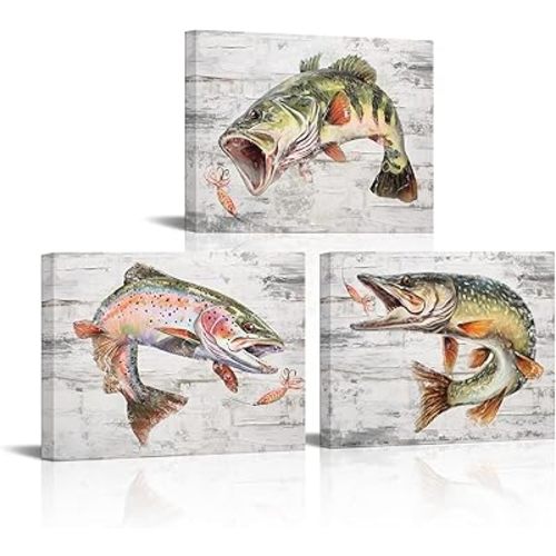 KREATIVE ARTS Marine Life Canvas Wall Art - 12x16 Inch Set of 3, Featuring Largemouth Bass, Rainbow Trout, Northern Pike - Modern Abstract Fish Paintings for Living Room, Bedroom, Bathroom Decor