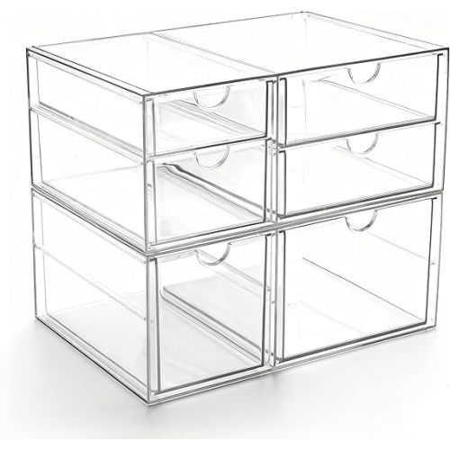 Acrylic Drawer Makeup Organizer with 6 Drawers (Not for Baby Bottle), Set of 2 Office Desk Organizers Accessories, Clear Stackable Storage Drawers for Vanity, Craft (Largest Drawer 4" Tall)
