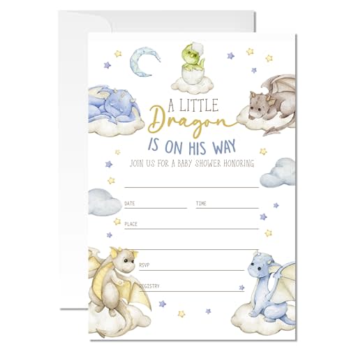20 Dragon Baby Shower Invitations, A Little Dragons Theme Invite Cards with Envelopes, 4x6 Inch Baby Shower Invites for Boy. (043)