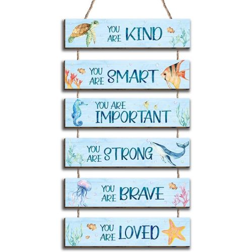 6 Pieces Ocean Decor Kids Room Decor, Inspirational Watercolor Ocean Positive Quotes Wall Art Decor Hanging Plaque Sign for Teens Children Bedroom Princess Toddler Room17