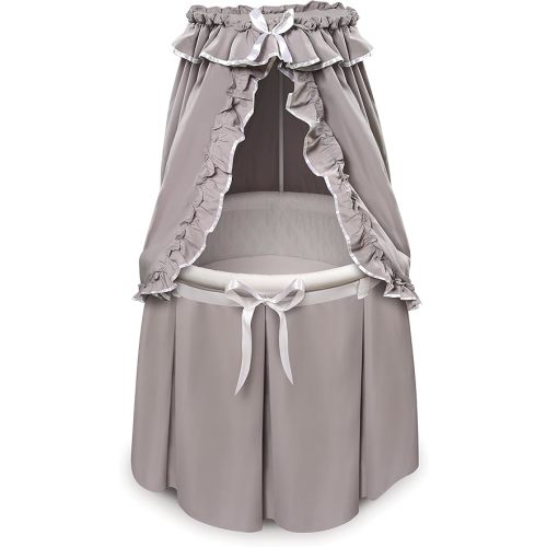 Badger Basket Empress Canopy Bassinet - Round Rocking Baby Cradle with Locking Wheels, Mattress, Bedding, and Storage Basket - 2-in-1 Bedside Sleeper - Gray/White