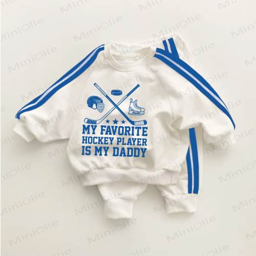 MY FAVORITE HOCKEY PLAYER IS MY DADDY Blue Striped 2-piece Set