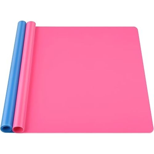 Silicone Mat Large, IKOCO 23.6"x15.7" Silicone Craft Mat for Playdough and Nonstick Resin Molds Sheets for Crafts, Paint, Clay, Blue and Rose Red