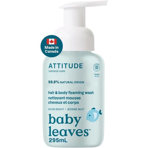 ATTITUDE 2-in-1 Hair and Body Foaming Baby Wash, Made in Canada, EWG Verified Shampoo Soap, Dermatologically Tested, Made with Naturally Derived Ingredients, Vegan, Good Night, 295 mL