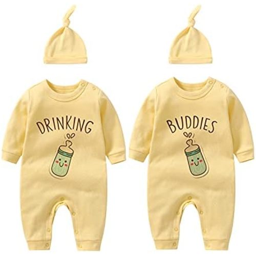 Baby Twins Bodysuits Twin Drink Buddies Funny Baby Outfit Cute Baby Girl Romper with Hat Set