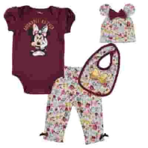Disney Minnie Mouse 4-Piece Newborn to Infant Outfit Set: Bodysuit, Pants, Bib, Hat - Perfect Clothes Gift