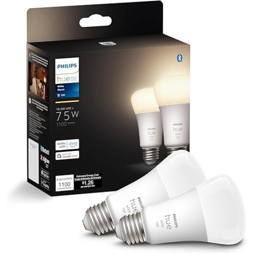 Philips Hue Smart 75W A19 LED Bulb - Soft Warm White Light - 2 Pack - 1100LM - E26 - Indoor - Control with Hue App - Works with Alexa, Google Assistant and Apple Homekit