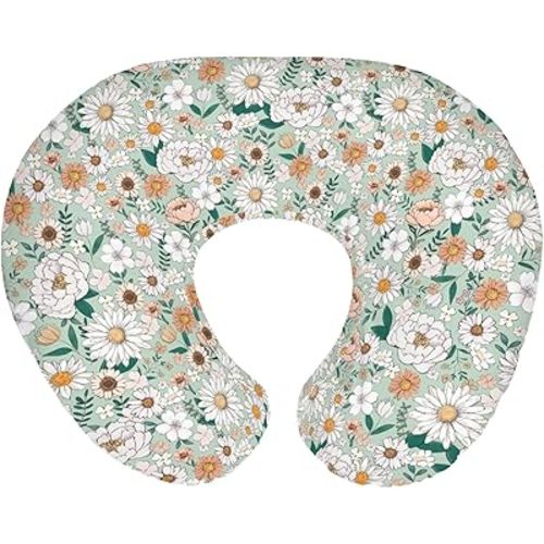 Spring Boho Floral Nursing Pillow Covers for Boy Girl Neutral Green Flowers Leaves Nursing Slipcovers for Breastfeeding Pillows Pastel Peony Daisy Soft Stretchy Removable Cover for Newborn Infant