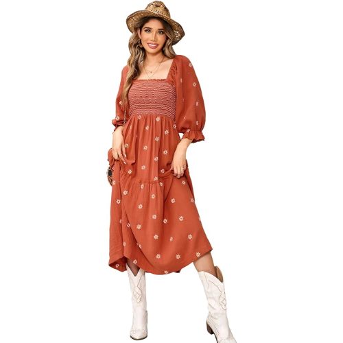 R.Vivimos Women's Long Sleeve Cotton Boho Midi Dress Vintage Square Neck Floral Embroidered Tiered Ruffle Flowy Pockets Dress
