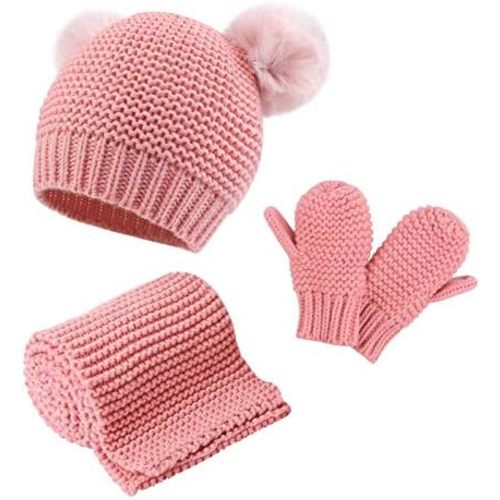 Duoyeree Baby Winter Hat Scarf Glove Beanie Set Girls Boys Pom Pom Knitted Beanie Mitten Scarves for Toddler 0-3T