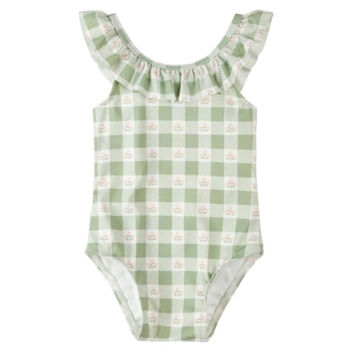 Flowers On Green Gingham Check One-Piece Swimsuit