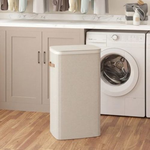 LEDREM Laundry Basket, Laundry Hamper, with Lid and Handles, Removable Liner, Easy Assembly, Beige
