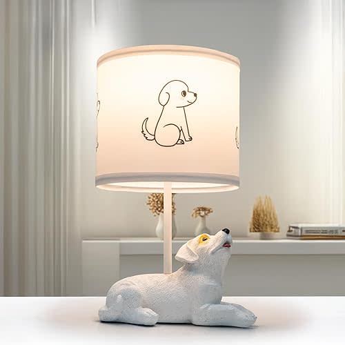 Table Lamp for Living Room, Farmhouse Bedside Resin Single Lamp with White Dog Lamp Shape for Bedroom Retro Rustic Nightstand Lamp