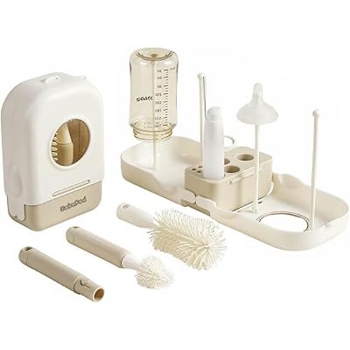 Baby Travel Bottle Care Set - Travel Essentials & Baby Essentials with Bottle, Nipple & Straw Cleaner Brush, Soap Dispenser, Bottle Drying Rack and Travel Storage Box
