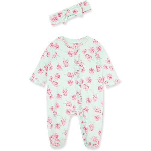 Little Me Clothes for Baby Girls 100% Cotton 2Pc Zipper Closure Footie and Headband Set, Baby Essentials, Preemie to 9 Months