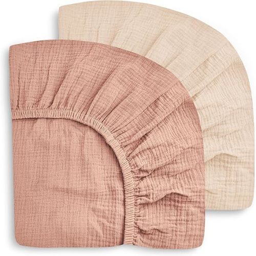 SWEET DOLPHIN 2-Pack Muslin Crib Sheets for Boys & Girls, Ultra Soft Breathable 40S Long-Staple Cotton Fitted Baby Sheets for Standard Crib Mattress 52"x28", Light Bean Paste- Nursery Essentials