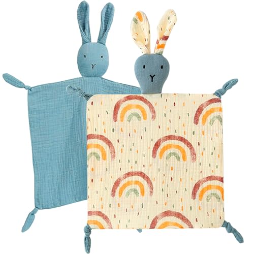 PEIPEIWU Organic Cotton Muslin Lovey Blanket, Organic Cotton Muslin Bunny Security Blanket Soft & Breathable Lovie Baby Gifts for Boys and Girls