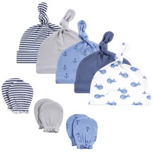 Hudson Baby Infant Boy Cotton Cap and Scratch Mitten Set, Blue Whale, 0-6 Months - Blue Whale