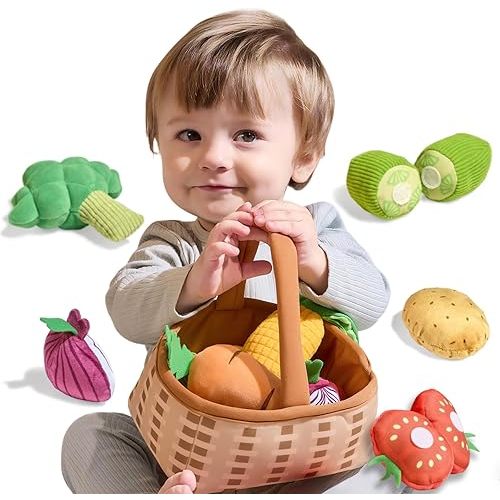 Plush Veggie Basket Play Set Stuffed Vegetable Toys, Baby Toys for 3 6 9 12 Months, Pretend Play Food Sensory Toys
