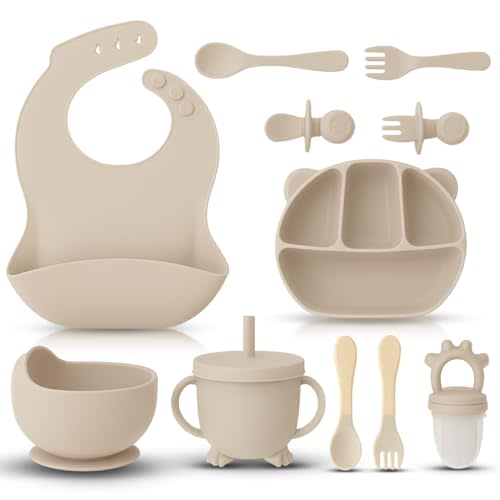 12 Piece BPA-Free Silicone Baby Feeding Set,Non-Slip Suction Plates,Soft Baby Bowls, Wooden Utensils & More ，Make Feeding Time Safe,Dishwasher Safe – Ideal for 6+ Months