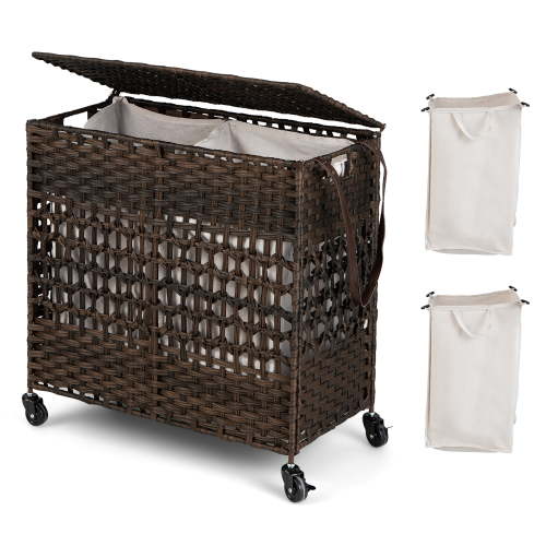 Costway 110L Laundry Hamper w/Wheels Clothes Basket w/Lid and Handle and 2 Liner Bags