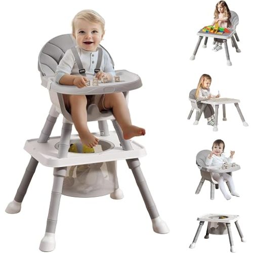 UNICOO Silla alta convertible 7 en 1 para bebé, silla alta para niños pequeños que se convierte en mesa de actividades y juego de silla, bandeja doble extraíble, arnés de 5 puntos, canasta de