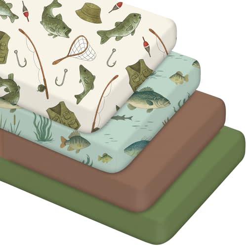 VitalCozy 4 Pcs Gone Fishing Crib Sheet Set Newborn Bedding Nursery Baby Sheets for Girl Boys Baby Gifts for Standard Crib and Toddler Mattresses, 52 x 28 x 8 Inches